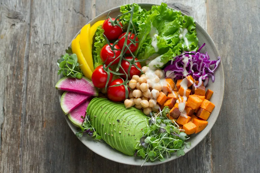 A chickpea and avocado salad photographed from above